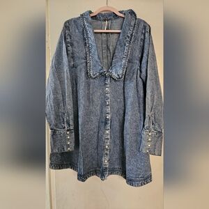 Free People Blue Jean Jacket with Ruffled Collar
